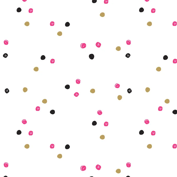 Vintage hand drawn doodle seamless pattern with black, pink and gold dots. — Stock Vector