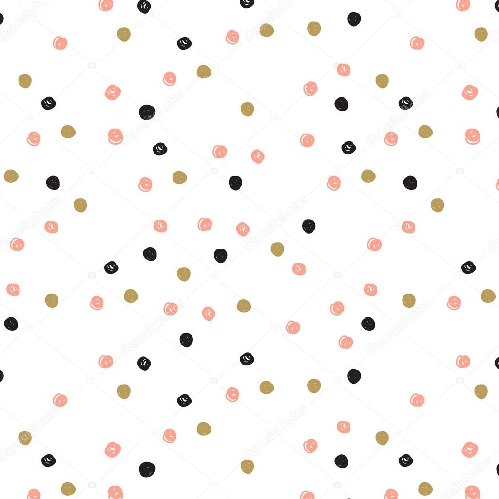 Vintage hand drawn doodle seamless pattern with black, pink and gold dots. 