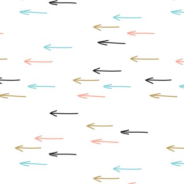 Vintage hand drawn doodle seamless pattern with black, blue and gold spots and arrows.