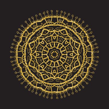 Vintage gold glitter mandala, vector circle frame on black