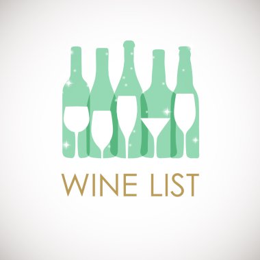 Şarap şişeleri ve pastel renkler Gözlükte vektör çizimi. Şarap listesi tasarım şablonu. Noel ve yeni yıl şarap kartı.