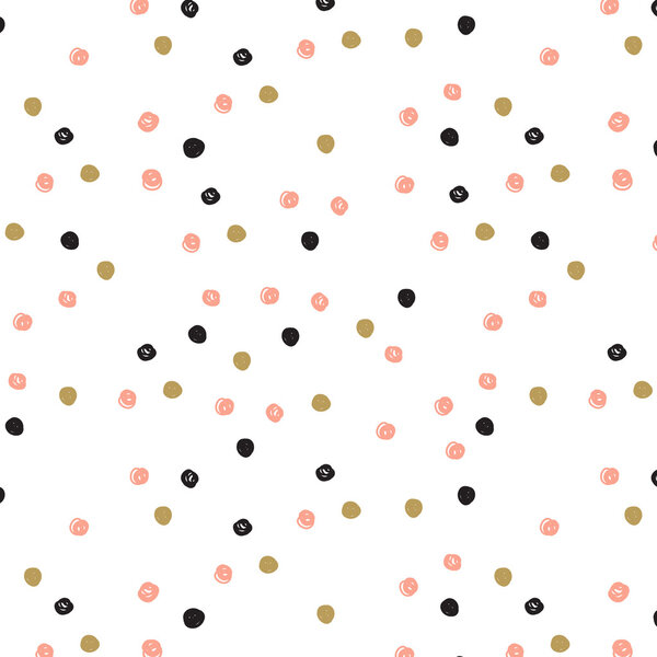 Vintage hand drawn doodle seamless pattern with black, pink and gold dots. 