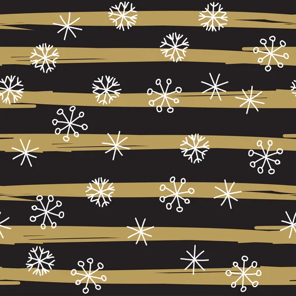 Векторний фон з намальованими руками білими сніжинками на чорно-золотому смугастому фоні — стоковий вектор
