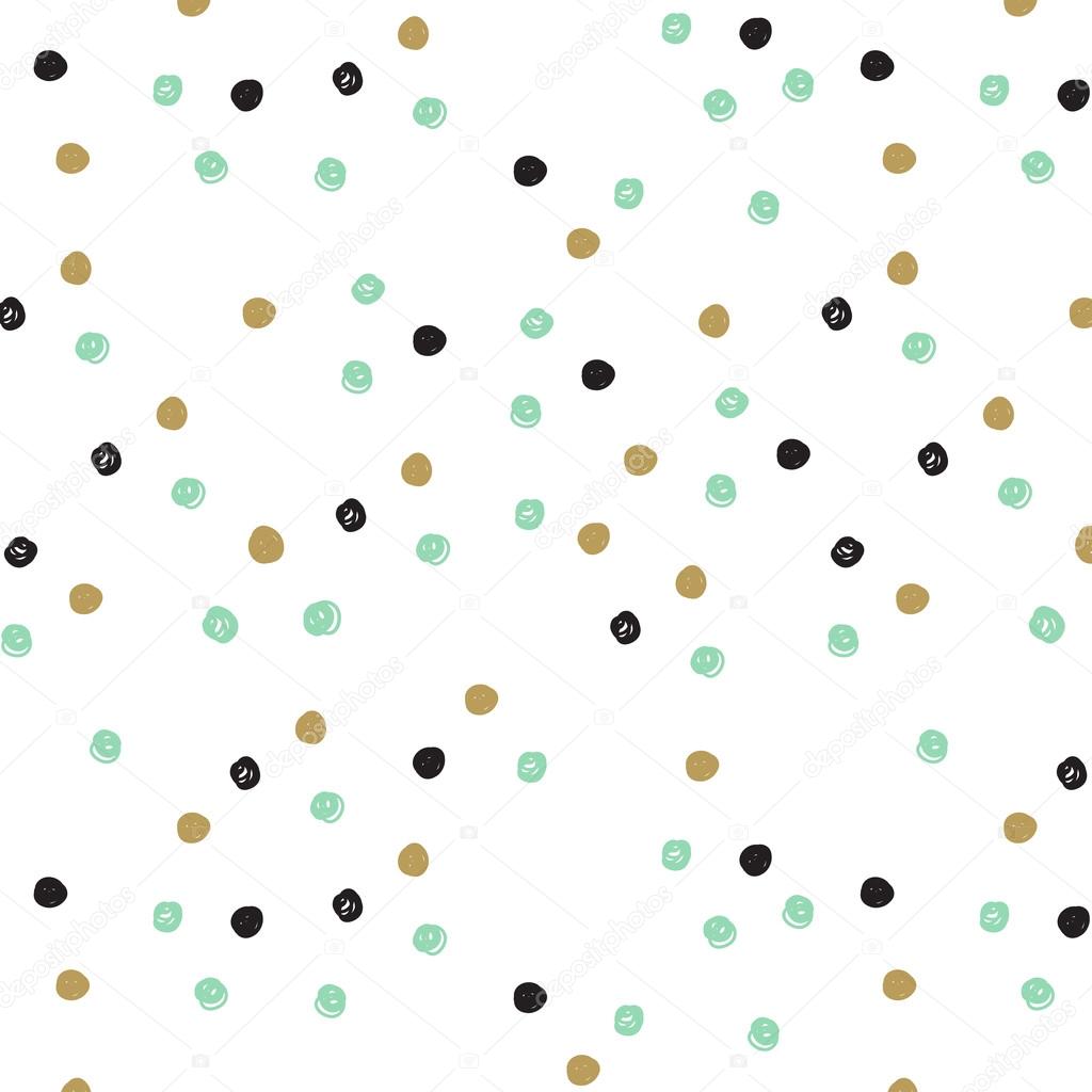 Vintage hand drawn doodle seamless pattern with black, pink and gold dots. 