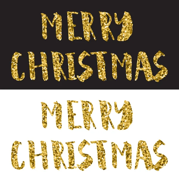 Vrolijk kerstfeest belettering ontwerp. Gold glitter tekst op witte en zwarte achtergrond — Stockvector
