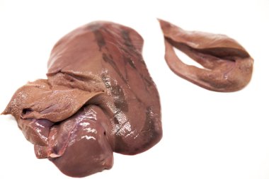 A piece of fresh raw beef liver on white background.