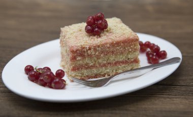 Fresh delicious diet cake with berry red currant at Dukan Diet on a porcelain plate with a spoon on a wooden background.