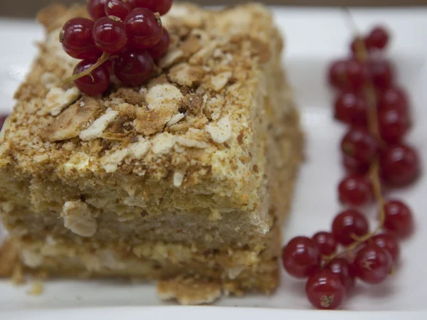 Close-up Bolo de dieta delicioso fresco com groselha vermelha na Dieta Dukan em uma placa de porcelana com uma colher em um fundo de madeira . — Fotografia de Stock