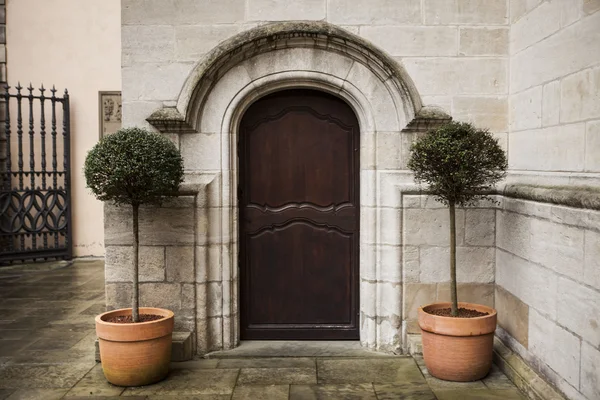 A large wooden door closed an old fortress in the stone wall of the castle in Germany on the Rhine River — Stock Photo, Image