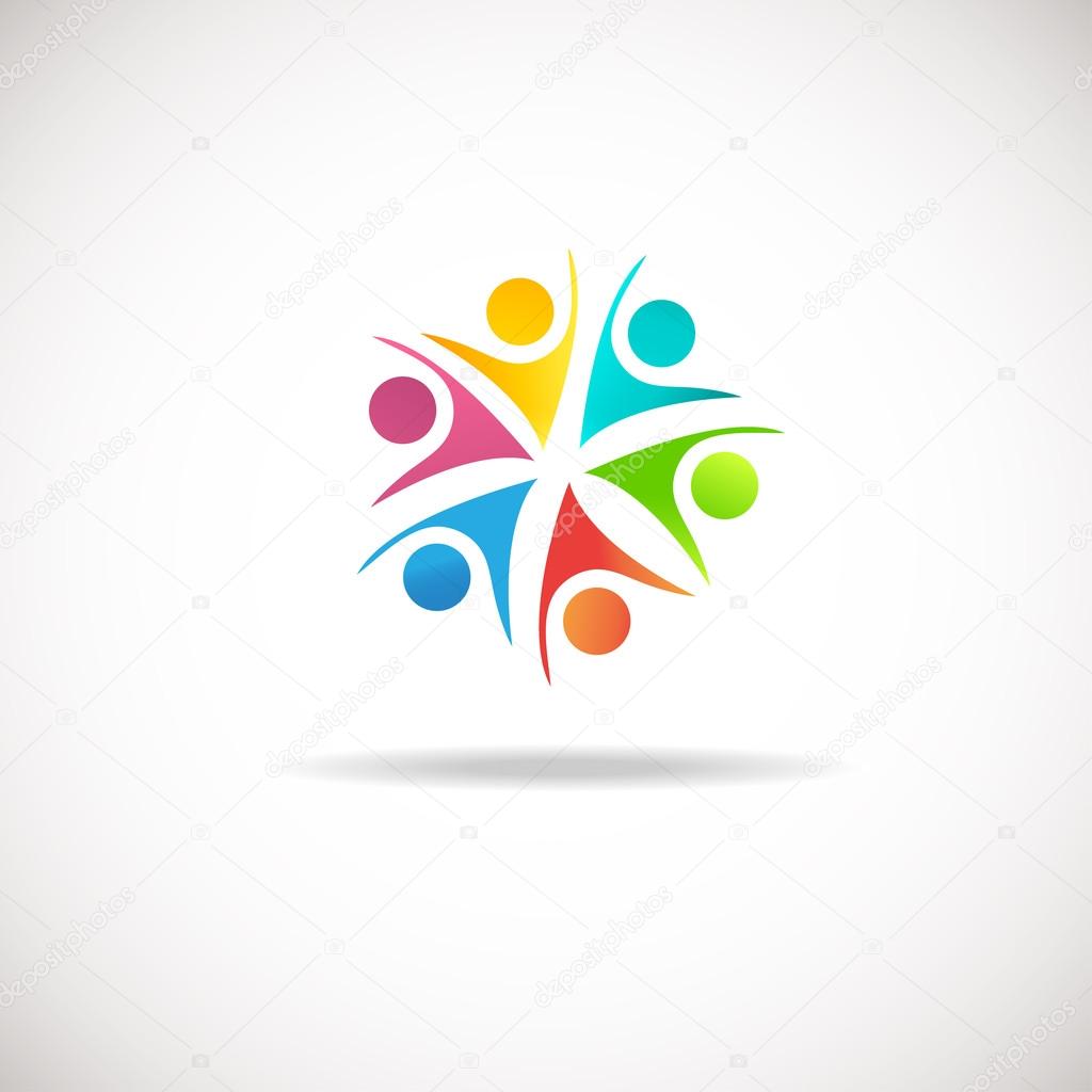 Abstract people logo, sign, icon. Blue, pink, green and yellow people symbols. 