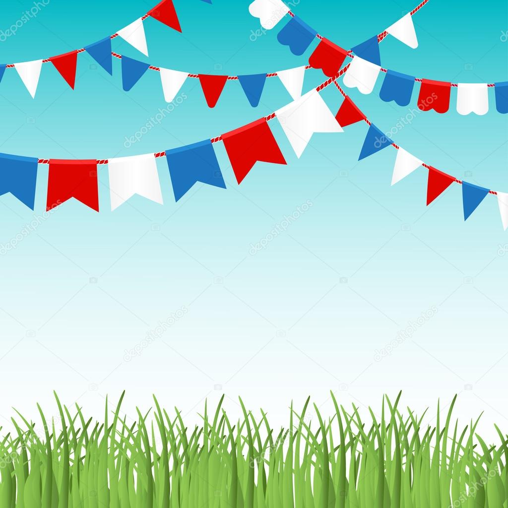 Vector illustration of Blue sky and green grass landskape  with colorful flags garlands.