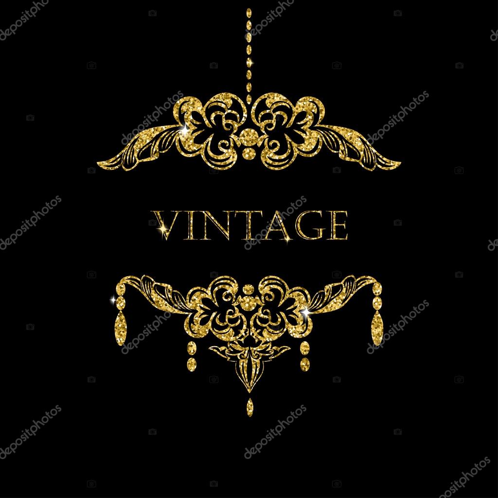 Gold glitter chandelier silhouettewith candles on black background. Vintage frame with place for your text. Vintage banner, logo, frame, web and scrapbooking design