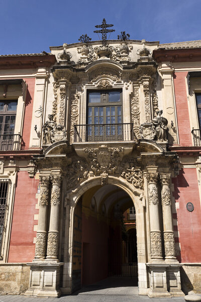 Facade of the Spanish Baroque architectural style Archbishop Palace of Seville, Spain