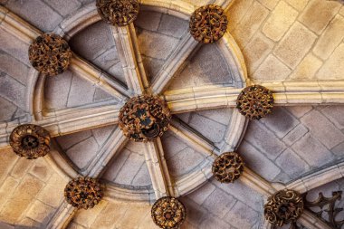 Viseu Portekiz 'deki Aziz Mary Katedrali' nin madalyonlarıyla tırtıklı bir kasa.