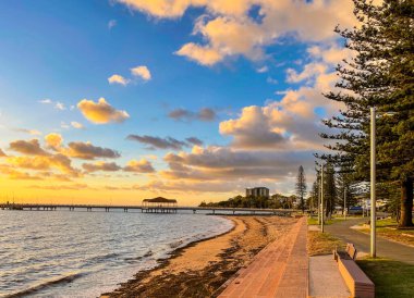 Panoramic view of the Esplanade Walk and Jetty at sunrise in Redcliffe, Queensland, Australia