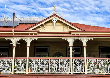 Detail of the beautiful wrought iron balustrade of the Federal Hotel in the town of Childers, Bundaberg Region, Queensland, Australia