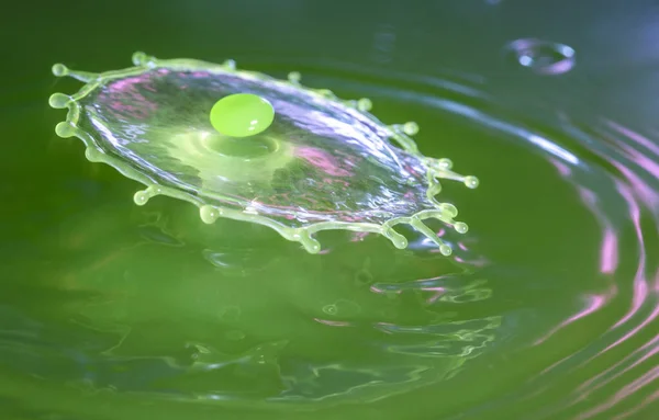 Green Water Drop Collision Green Pool Purple Reflections — Stock Photo, Image