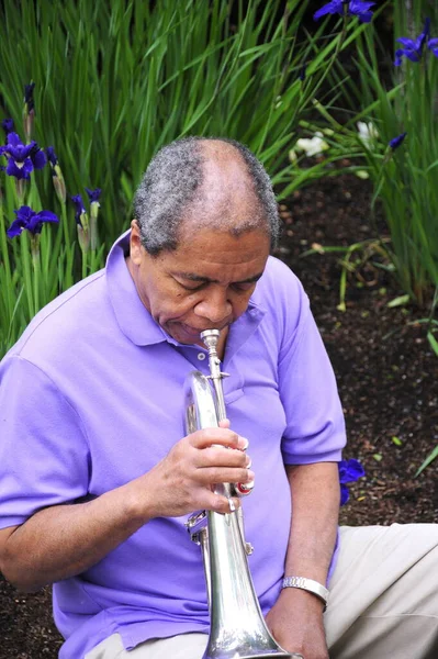 Afro Americano Músico Jazz Soplando Flugelhorn Jardín Flores Afuera — Foto de Stock