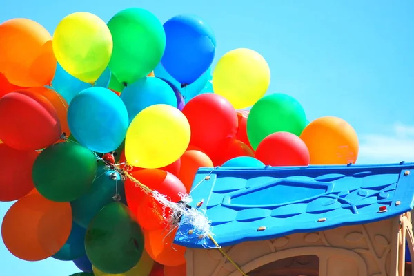 Colorful Rubber Balloons Flying High Sky Outdoors — Stock Photo, Image