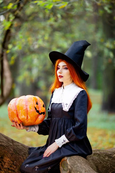 Cadılar Bayramı Kostümü Giymiş Bir Cadı Suretindeki Kızıl Saçlı Kız — Stok fotoğraf