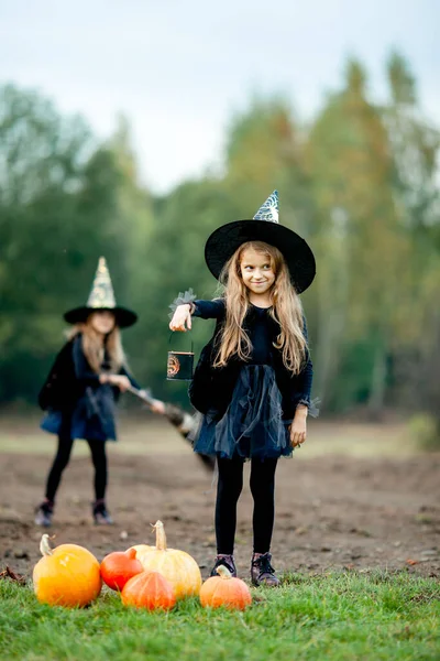 Dos Chicas Vestidas Como Brujas Parque —  Fotos de Stock