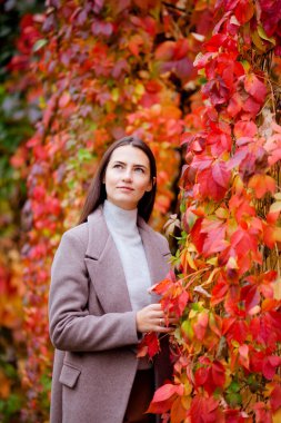 Yeşilliğin arka planında uzun saçlı esmer