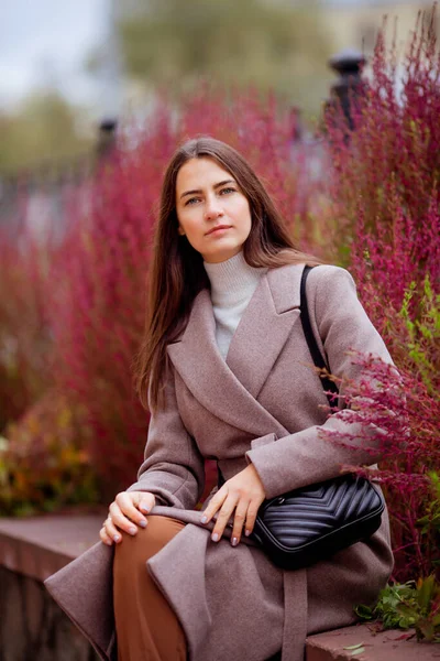 Langharige Brunette Een Licht Beige Vacht Tegen Een Achtergrond Van — Stockfoto