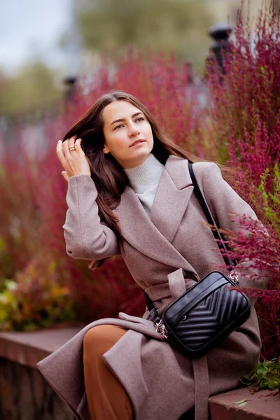 Langharige Brunette Een Licht Beige Vacht Tegen Een Achtergrond Van — Stockfoto