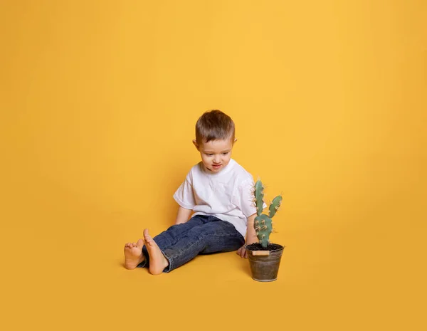 Pequena Criança Jeans Uma Camiseta Branca Fundo Amarelo — Fotografia de Stock