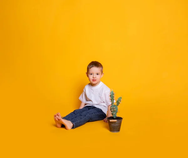 Niño Pequeño Jeans Una Camiseta Blanca Sobre Fondo Amarillo — Foto de Stock
