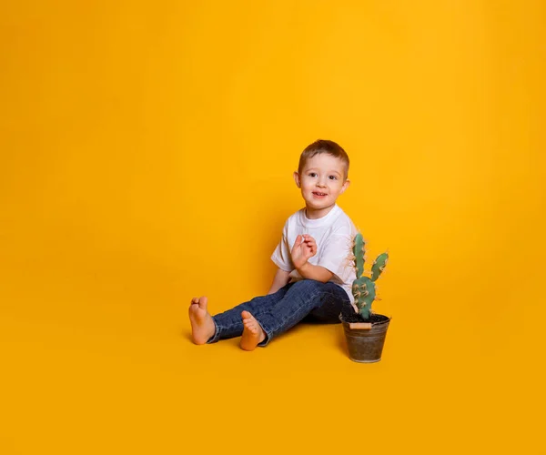 Niño Pequeño Jeans Una Camiseta Blanca Sobre Fondo Amarillo — Foto de Stock