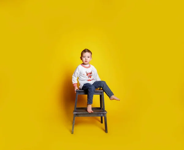 Pequena Criança Jeans Uma Camisola Branca — Fotografia de Stock