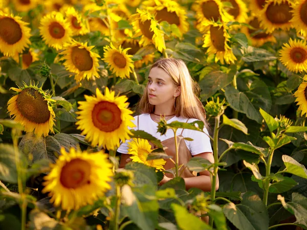 Дівчина Підліток Полі Соняшників — стокове фото