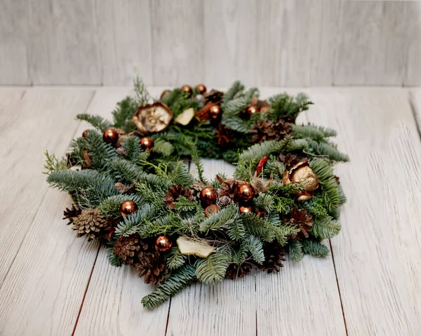 Christmas Wreath Decorated Nutshells Pine Cones Beads — Stock Photo, Image