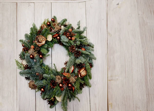 Christmas Wreath Decorated Nutshells Pine Cones Beads — Stock Photo, Image