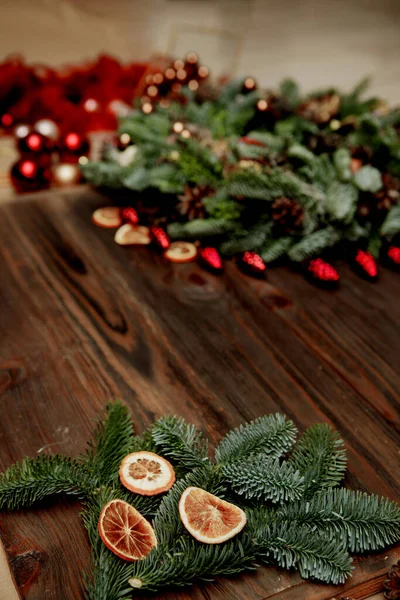 Elements Decoratedchristmas Wreath Wood Plank Background — Stock Photo, Image