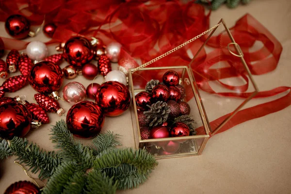 Elementos Decoração Natal Bolas Natal Vermelhas Close — Fotografia de Stock