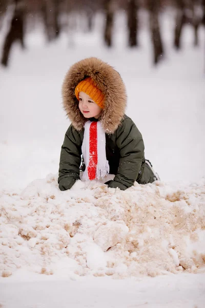 Mały Chłopiec Ciepłych Zimowych Kombinezonach Zimą Parku — Zdjęcie stockowe