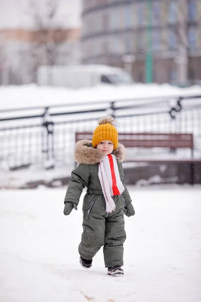 Kleiner Junge Warmen Winteroveralls Winter Einem Park — Stockfoto