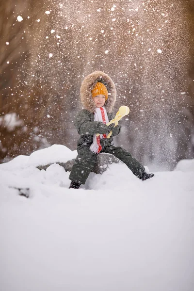 Kleiner Junge Warmen Winteroveralls Winter Einem Park — Stockfoto