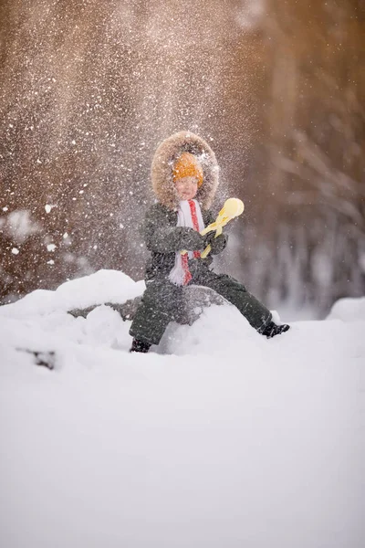 Kleiner Junge Warmen Winteroveralls Winter Einem Park — Stockfoto