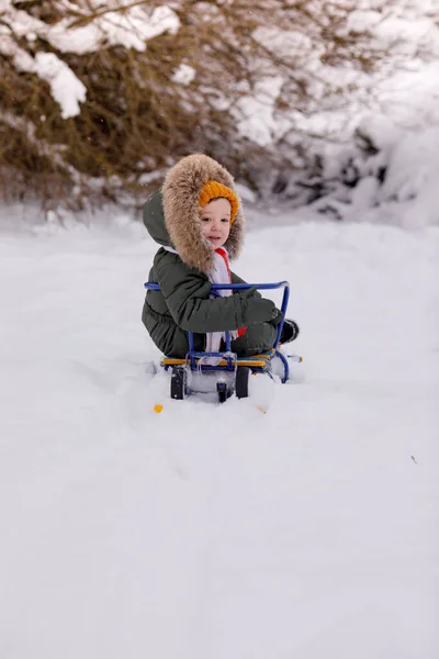 Kleine Jongen Warme Winteroveralls Winter Een Park — Stockfoto