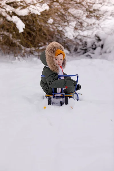 Маленький Хлопчик Теплий Зимовий Комбінезон Взимку Парку — стокове фото