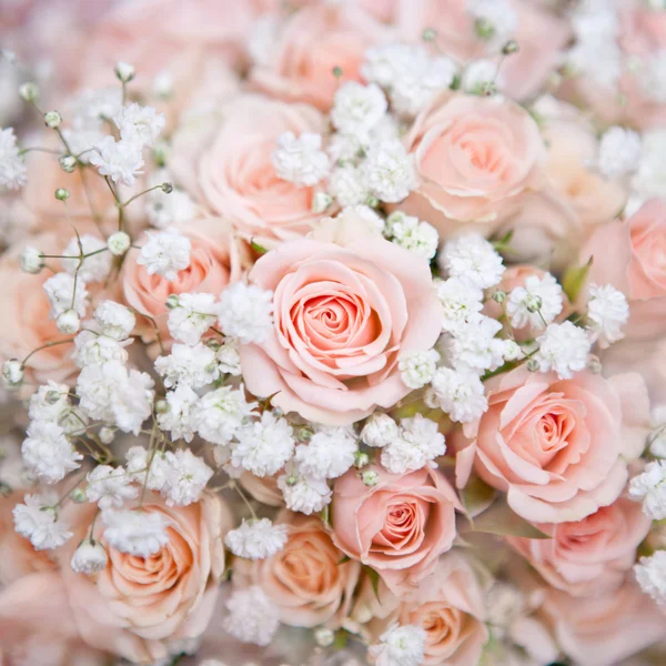 Ramo de boda rosa suave con rosal y pequeña flor blanca —  Fotos de Stock