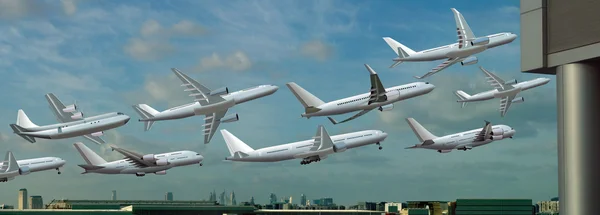Diferentes aviões decolam do aeroporto — Fotografia de Stock