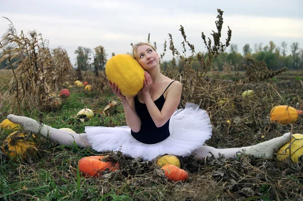 Bailarina alegre en un campo de calabaza Imagen de archivo