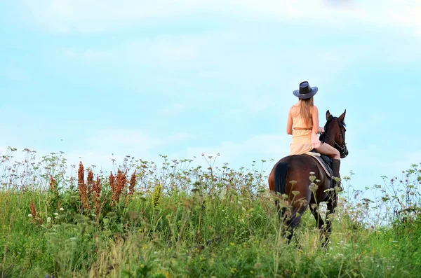 Kvinna på en häst i fältet — Stockfoto