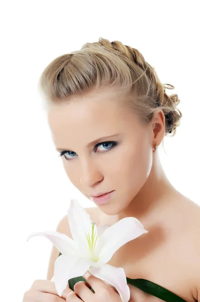 Beautiful woman with lily flower — Stock Photo, Image