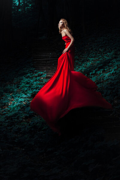 The young woman in a red dress on a ladder in the wood