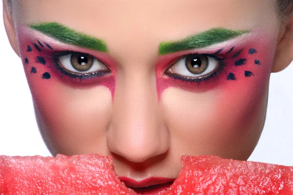 Beautiful young woman eating watermelon — Stock Photo, Image